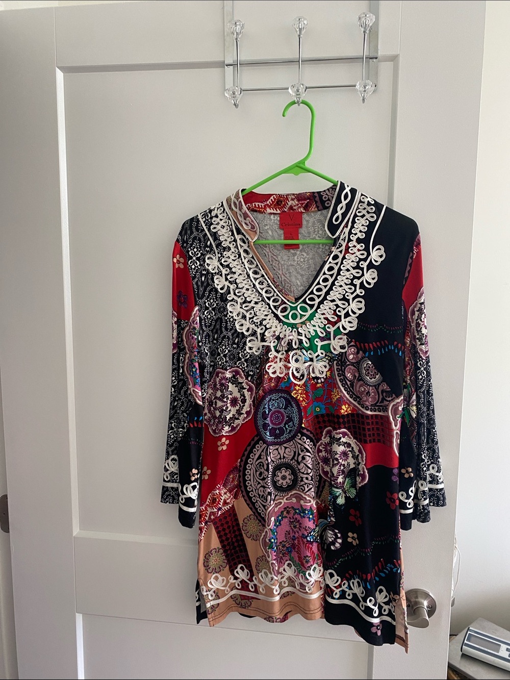Women’s V-Neck Embroidered Mixed-Print Tunic - Red Multi